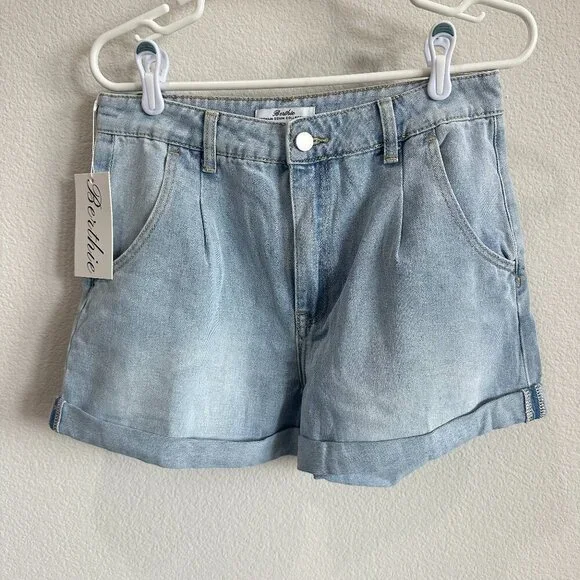 Berthie Light Blue Rolled Denim Jean High Rise "Jonas" Shorts - Picture 2 of 6
